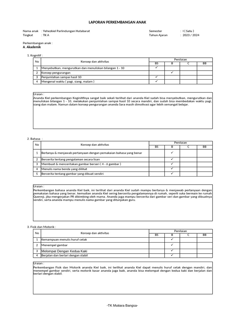 Rapor TK A 2023-2024 Contoh | PDF