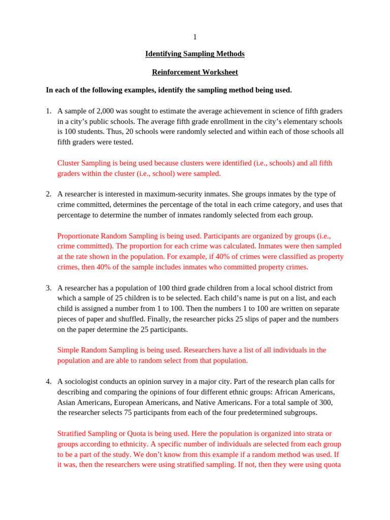 Sampling Methods Identification Worksheet | PDF | Sampling (Statistics ...