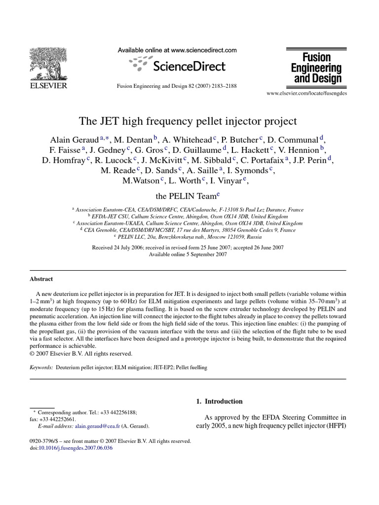 JET High Frequency Pellet Injector Design | PDF | Pump | Gases