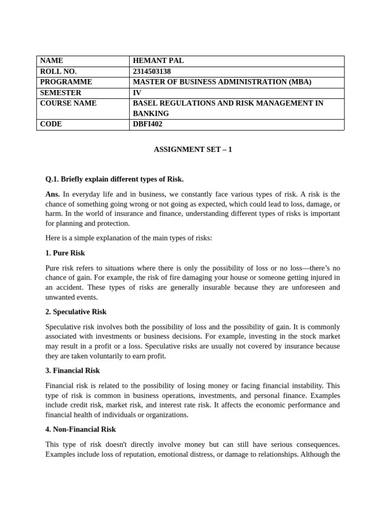 Basel Regulations and Risk Management in Banking Assignment | PDF ...