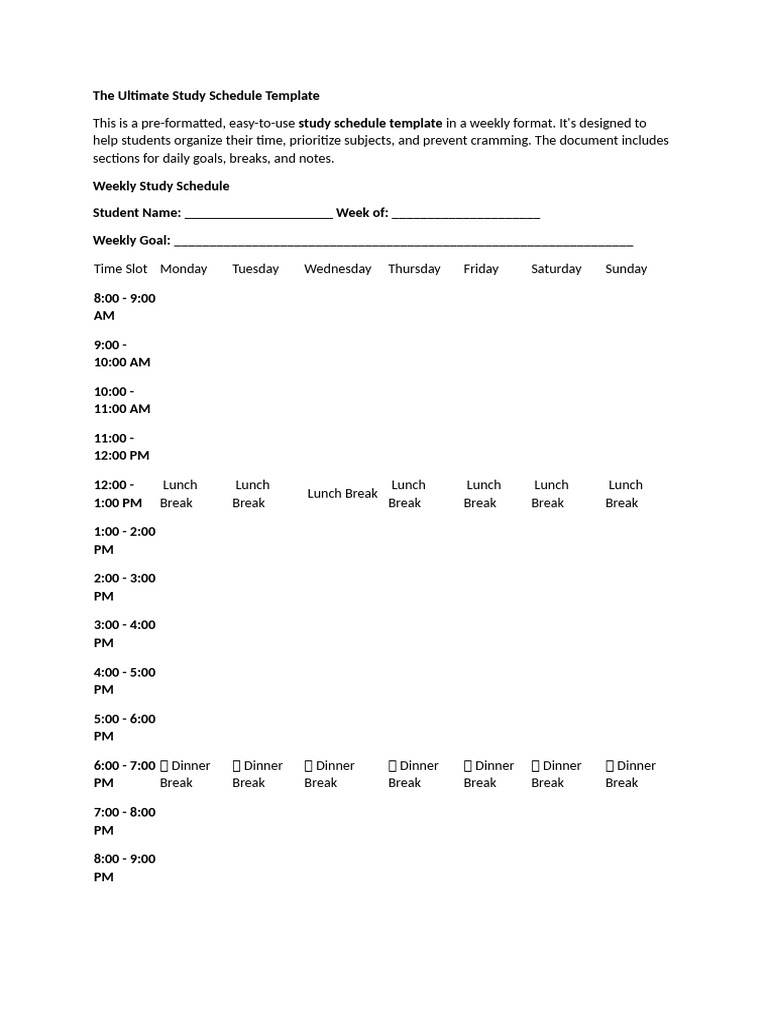 Weekly Study Schedule Template | PDF