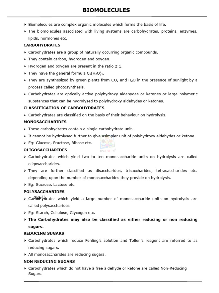 Hsslive-Xii-Chem-14. Biomolecules 1 1 | PDF | Carbohydrates | Nucleic Acids