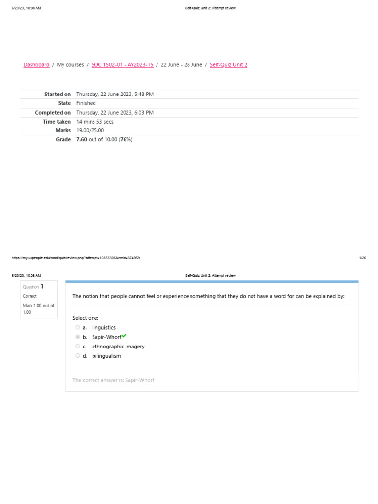 Self-Quiz Unit 2 Review Results | PDF | Sociology | Psychology