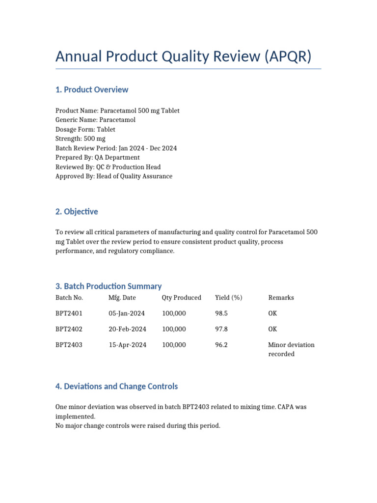 APQR for Paracetamol 500 mg Tablet | PDF
