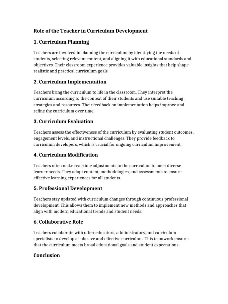 Teacher's Role in Curriculum Development | PDF