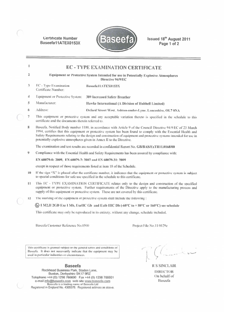 Baseefa 11 ATEX 0153X - 180811 | PDF