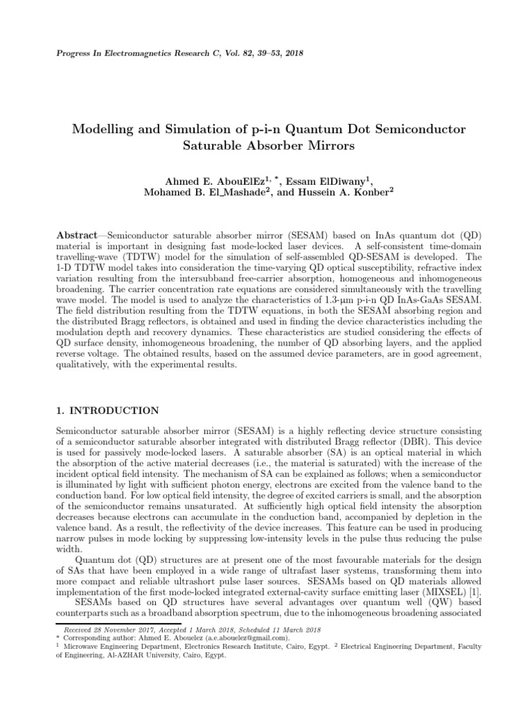Modelling and Simulation of P-I-N Quantum Dot Semiconductor Saturable ...