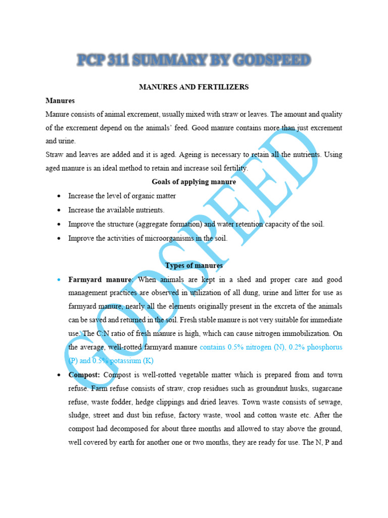 PCP 311 Summary by Godspeed 2 | PDF | Plant Nutrition | Fertilizer