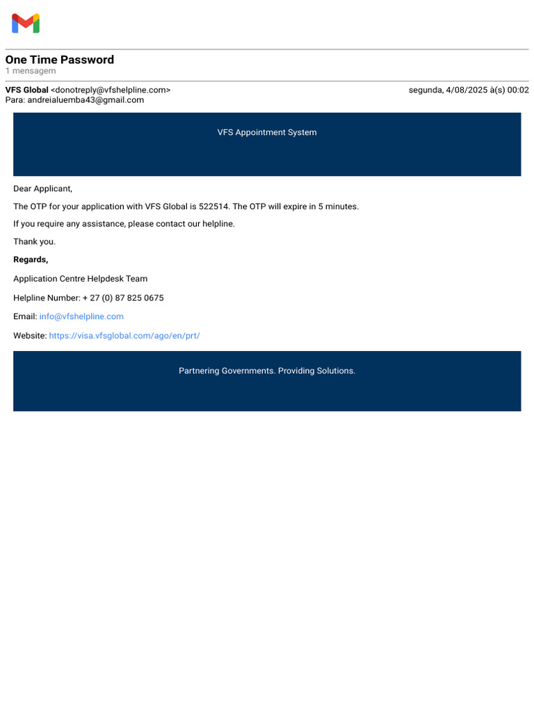 VFS Global OTP Notification Email | PDF