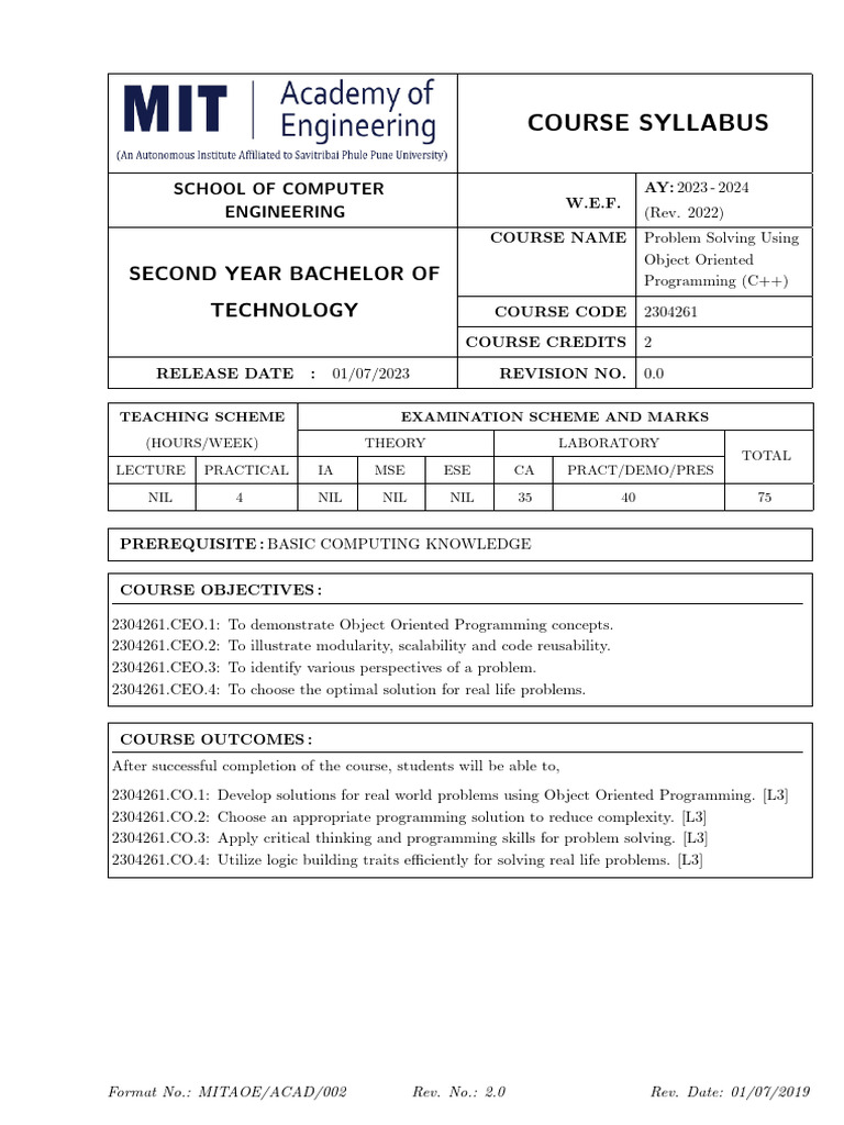 PS Using OOP C++ Syllabus | PDF | Programming | Constructor (Object ...