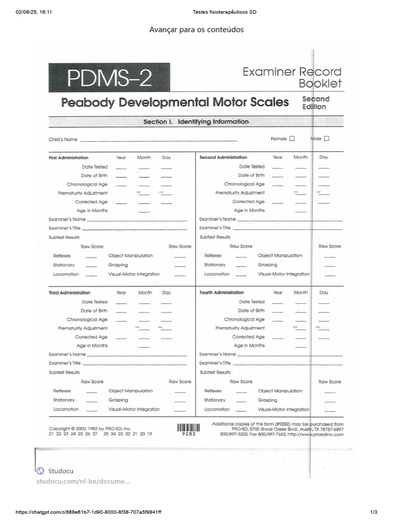 Folha de Registro PDMS-2 para Fisioterapia | PDF