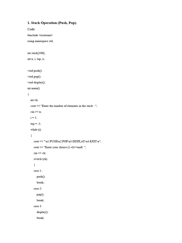 Stack Operations: Push, Pop, Display | PDF