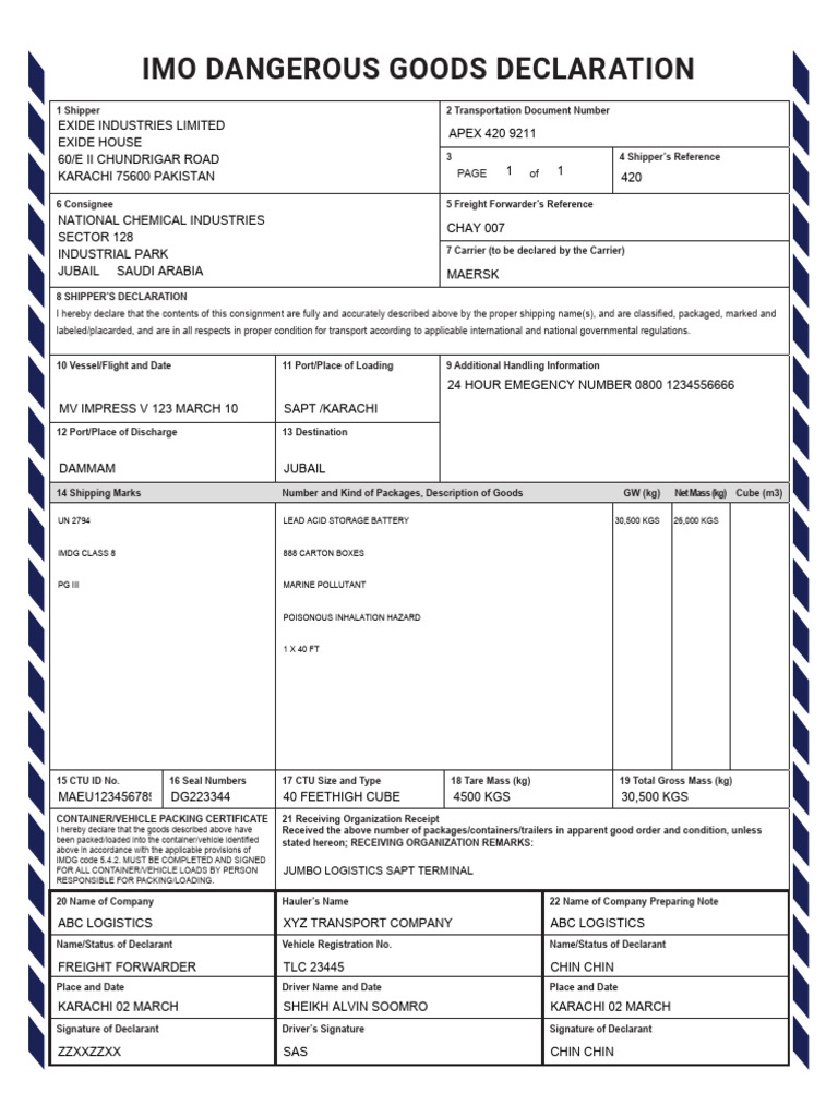 IMO Dangerous Goods Declaration Form | PDF | Dangerous Goods | Transport