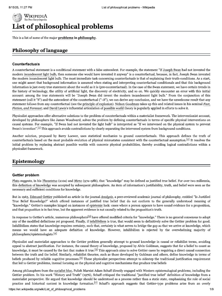 List of Philosophical Problems - Wikipedia | PDF