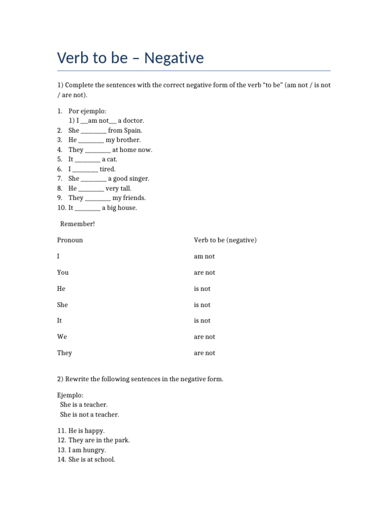 Verb To Be Negative | PDF