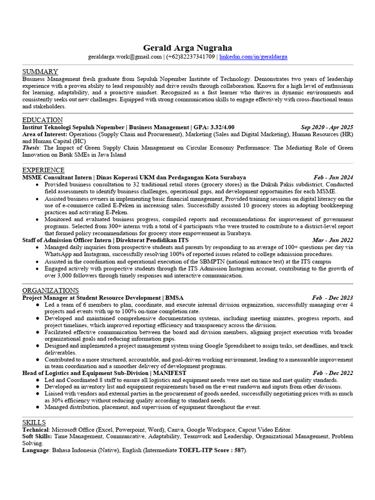 Gerald Arga Nugraha: Business Graduate Profile | PDF | Project ...