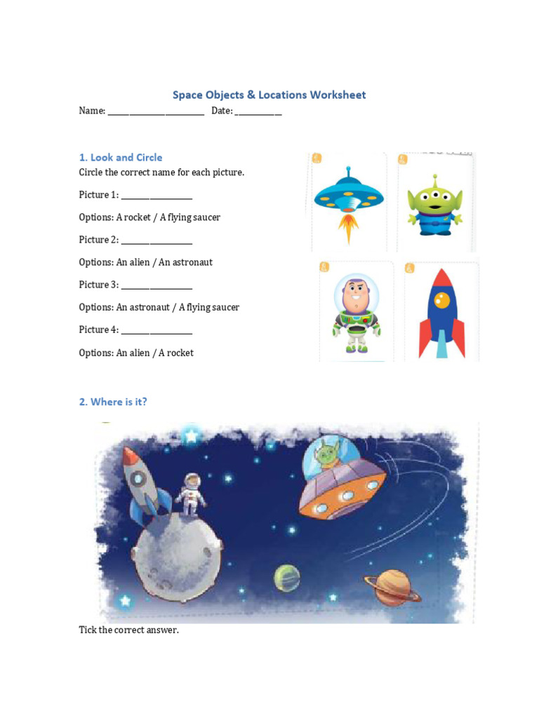 Space Objects Worksheet for Kids | PDF