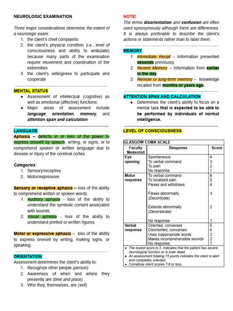 Neurologic Examination Guide | PDF | Memory | Coma
