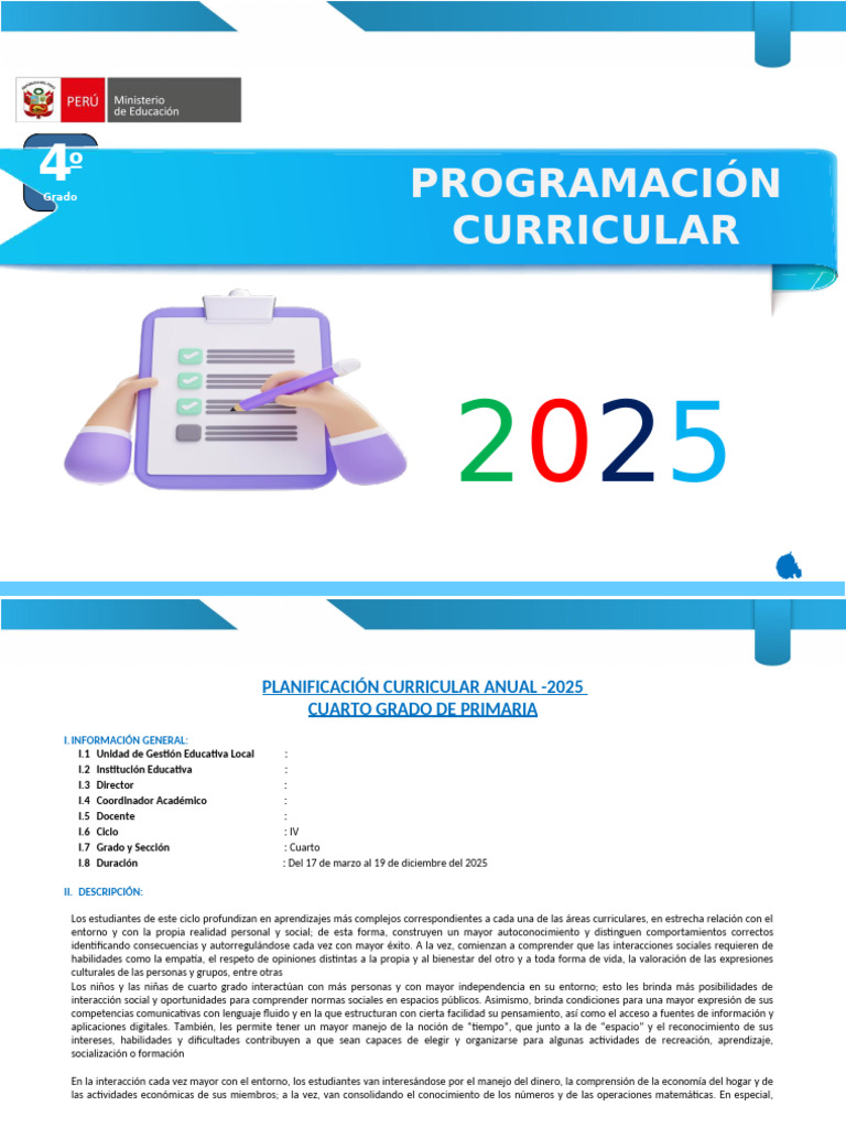 Planificación Curricular Cuarto Grado 2025 | PDF | Aprendizaje | Plan ...
