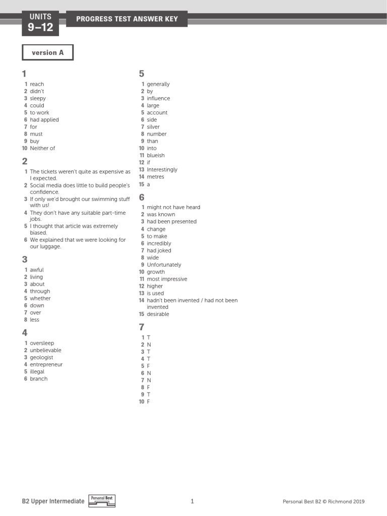 B2 Upper Intermediate Progress Test Answers | PDF