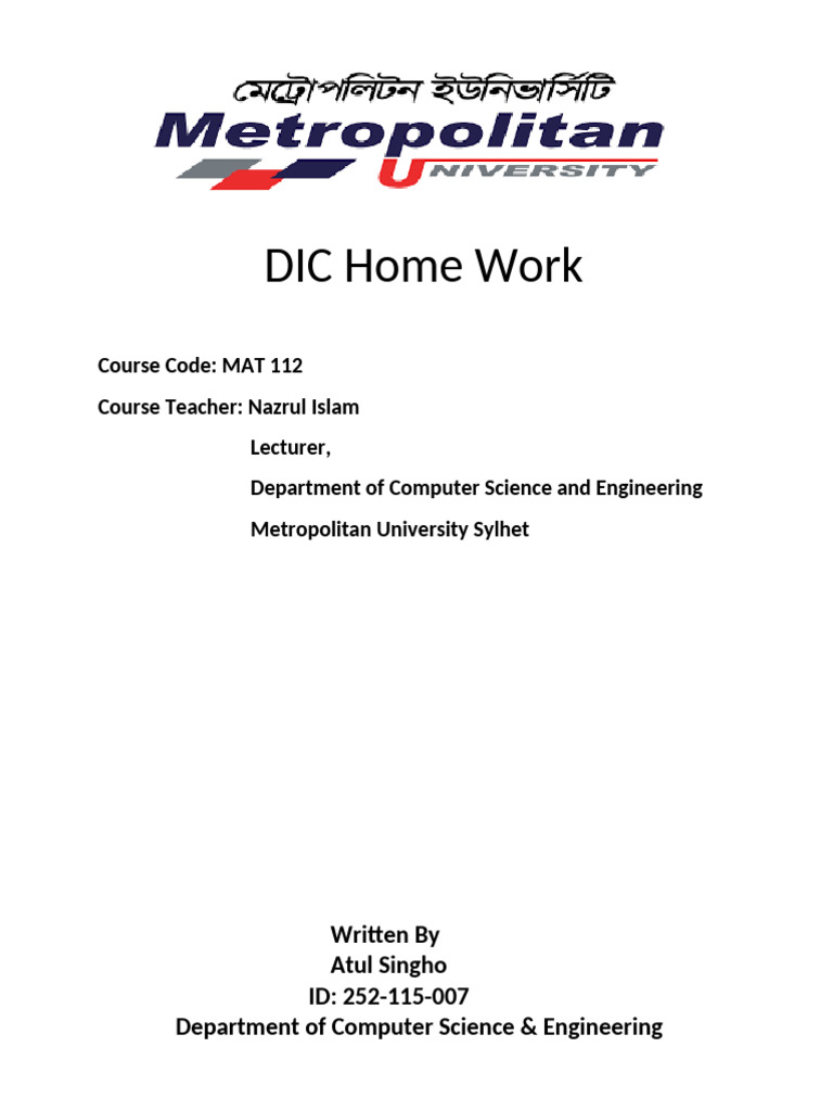 DIC Home Work for MAT 112 | PDF