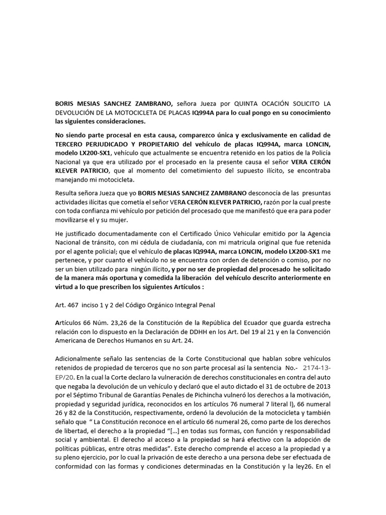 Solicitud de Devolución de Motocicleta IQ994A | PDF | Justicia | Crimen ...