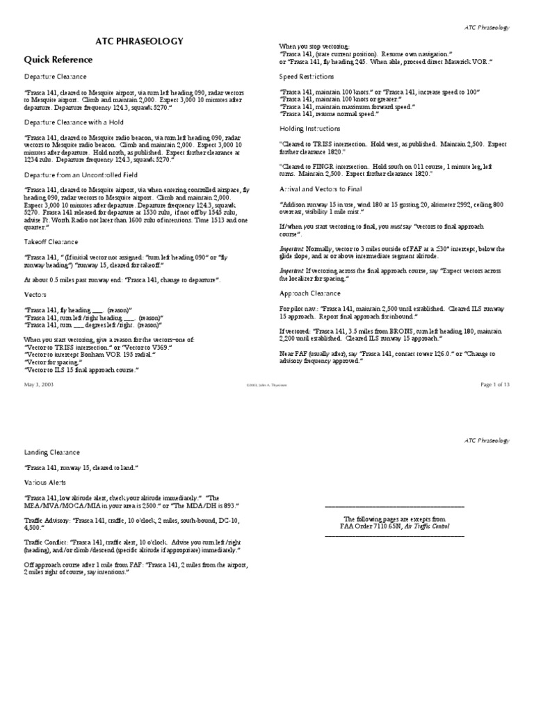 Atc Phraseology Air Traffic Control Instrument Flight Rules