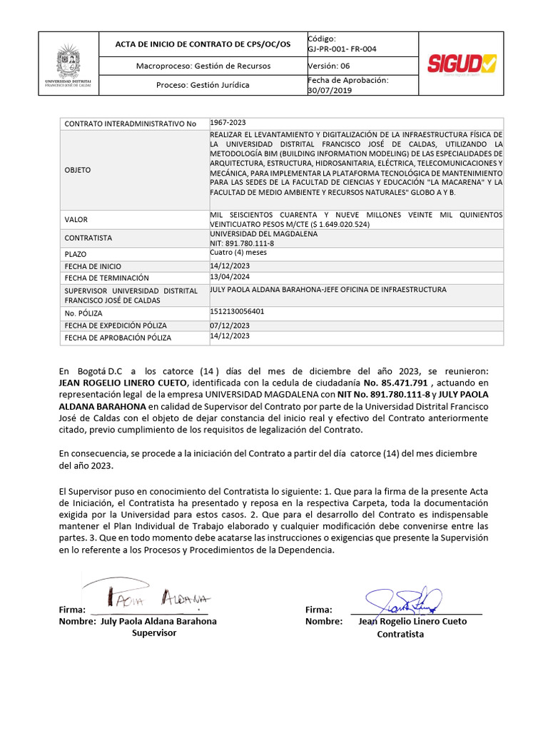 Acta de Inicio Contrato Digitalización BIM | PDF