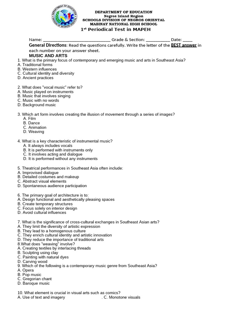 1st Periodical Test Mapeh 7 Test Questionnaire | PDF | Mental Health ...