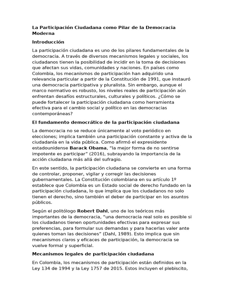 La Participación Ciudadana Como Pilar de La Democracia Moderna | PDF ...