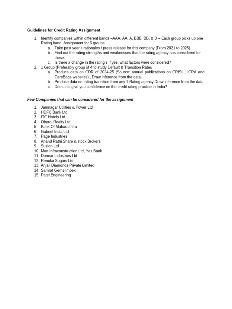 CIE 1 Guidelines For Credit Rating Assignment | PDF