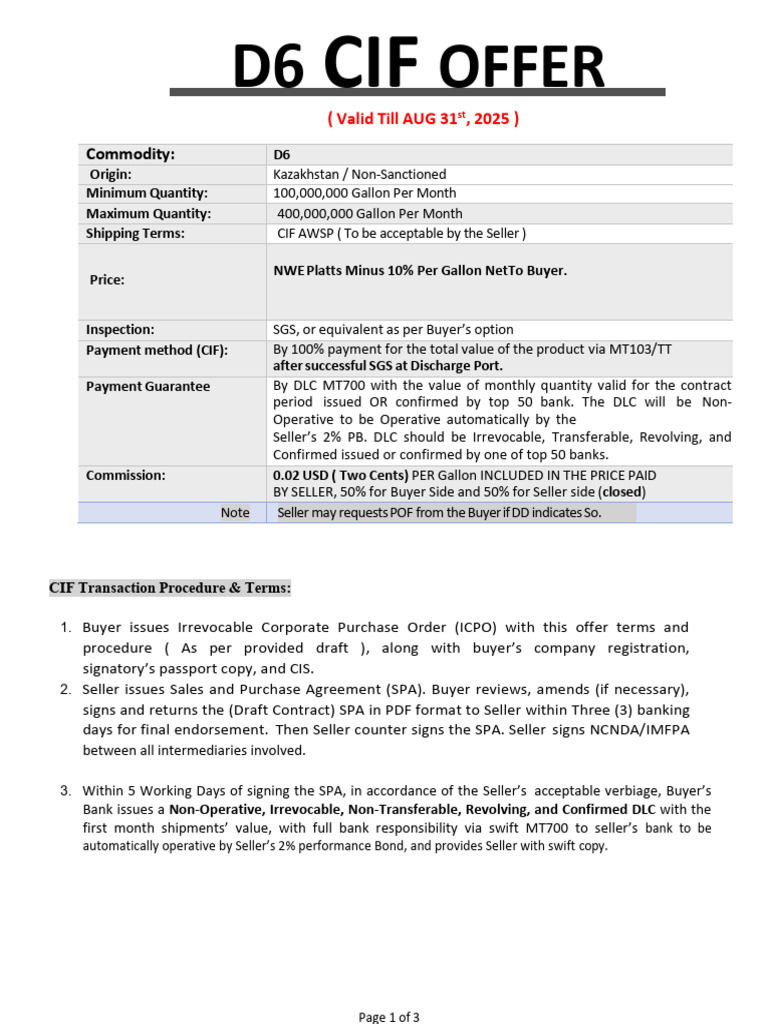 D6 CIF Offer: Terms & Conditions | PDF | Bill Of Lading