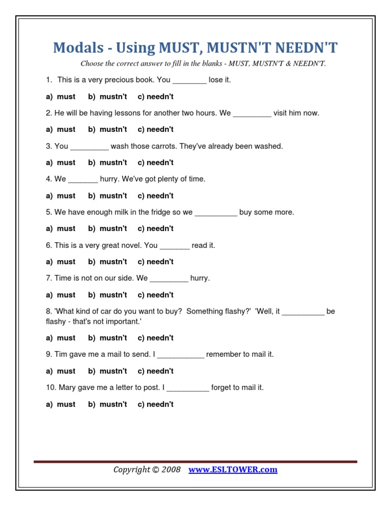 Modals Must Mustn T Needn T Quiz