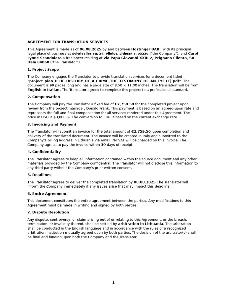 Translation Services Agreement 2025 | PDF | Invoice