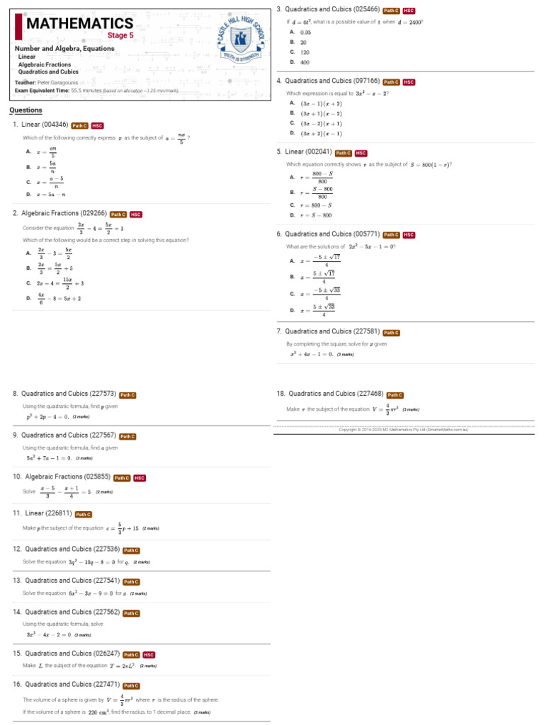 HSC Mathematics: Linear & Quadratics Guide | PDF | Quadratic Equation ...