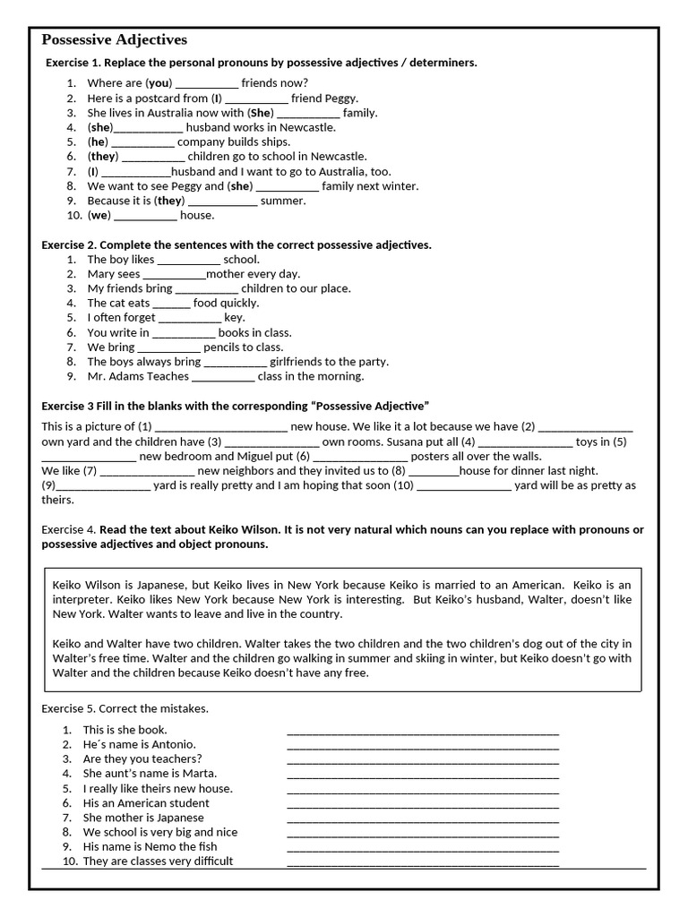 Possessive Adjectives Practice Exercises | PDF | Syntax | Morphology