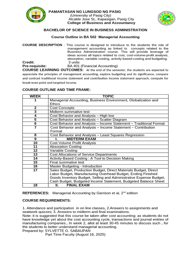 Managerial Accounting Course Outline | PDF | Management Accounting ...