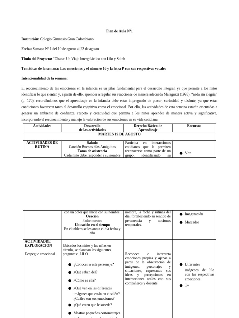 Plan de Aula Silabas de y Emociones | PDF | Las emociones | Salón de clases