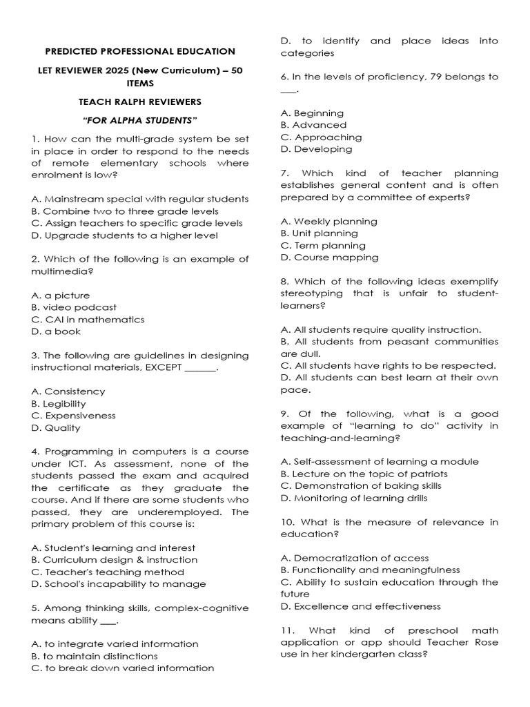 2025 Let Reviewer: Professional Education | PDF | Teachers | Curriculum