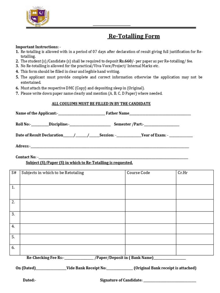 Re-Totalling Form Instructions | PDF