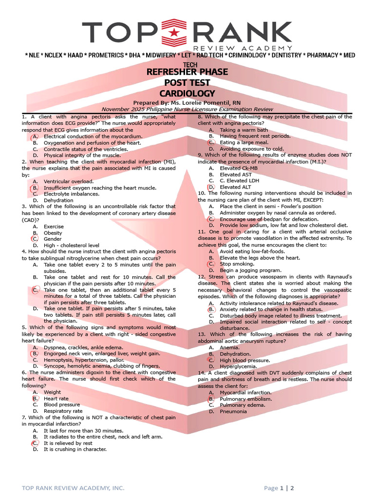 Ref - Post Test - Cardio - SC (Ms. Pomentil) | PDF | Myocardial ...