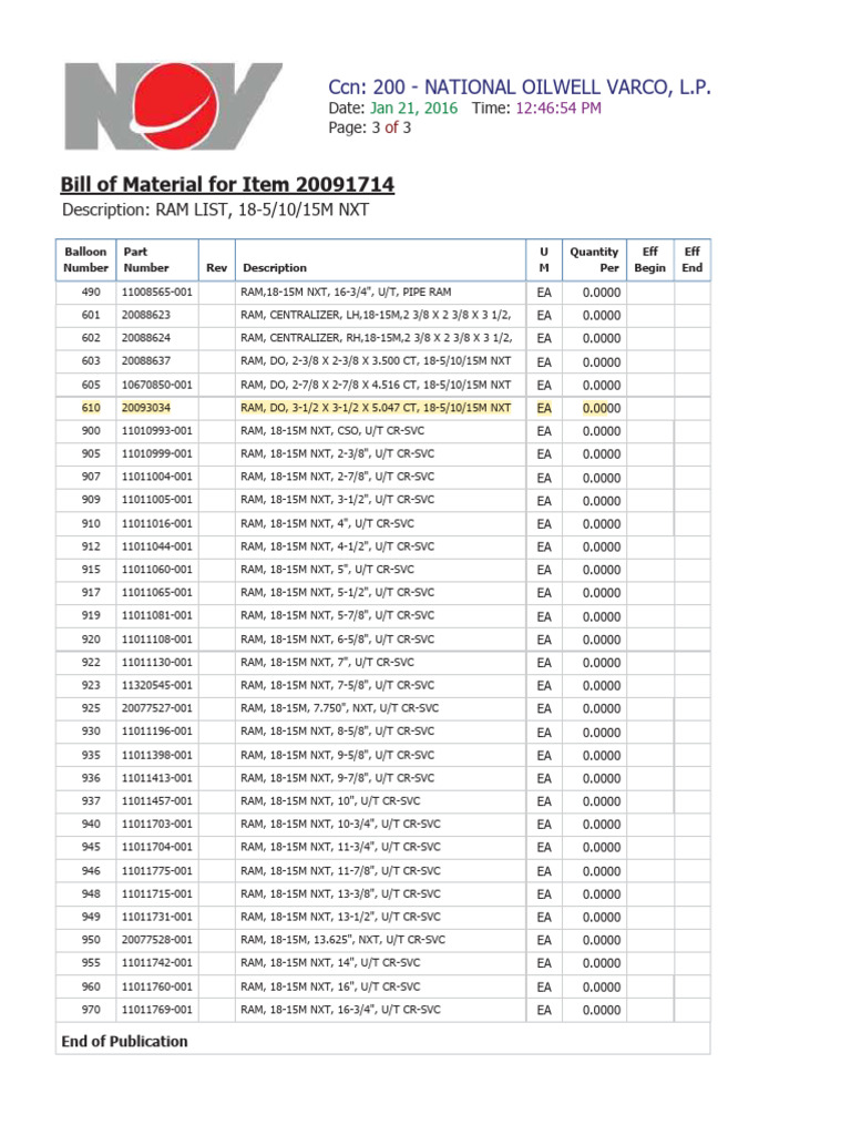 Bill of Materials for RAM 18-15M NXT | PDF