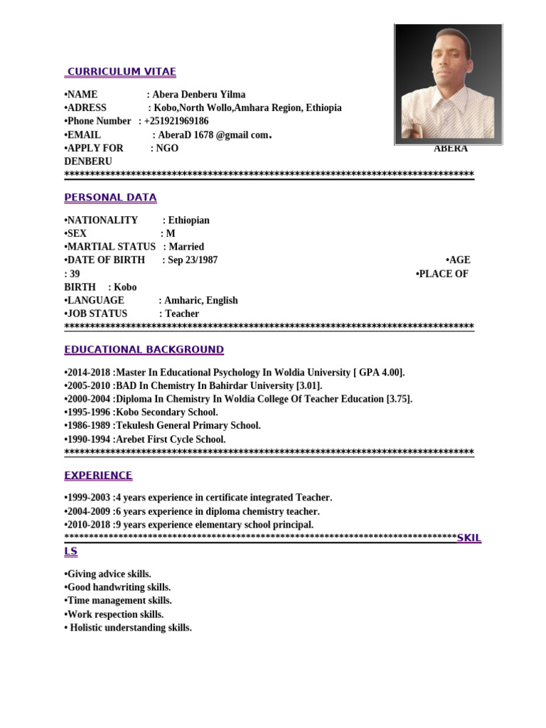 Curriculum Vitae of Abera Denberu Yilma | PDF