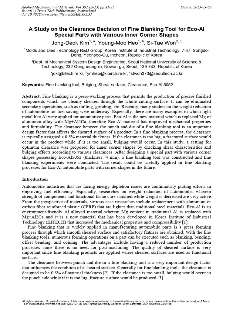 Optimal Clearance for Fine Blanking Tools | PDF | Materials ...