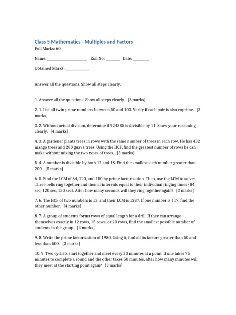 Class 5 Math: Multiples & Factors Guide | PDF | Arithmetic | Mathematics