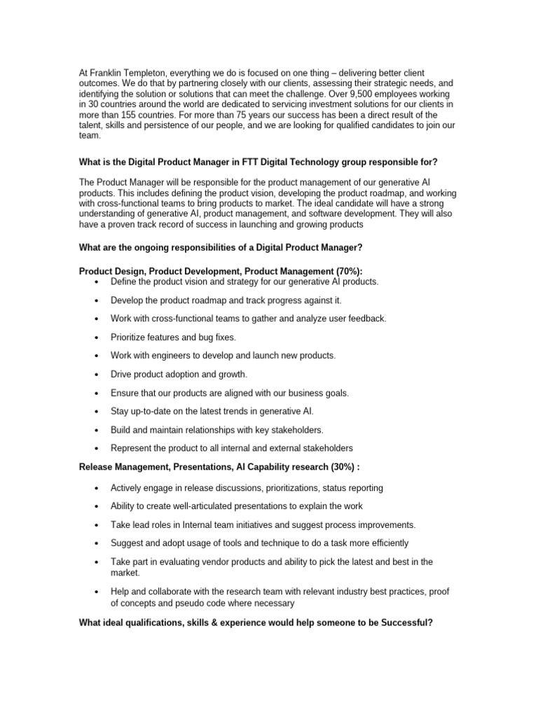 Digital Product Manager Role at Franklin Templeton | PDF | Artificial ...
