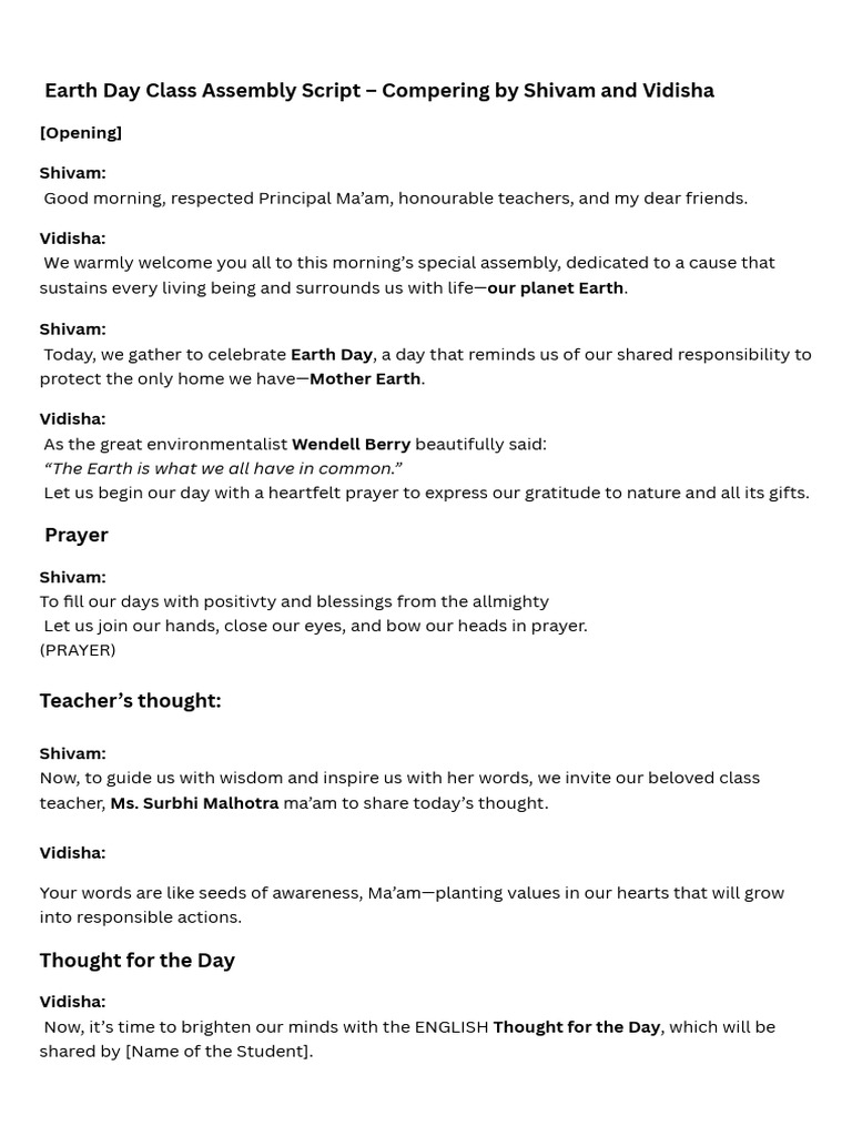 Earth Day Assembly Script | PDF | Biodiversity | Earth Sciences