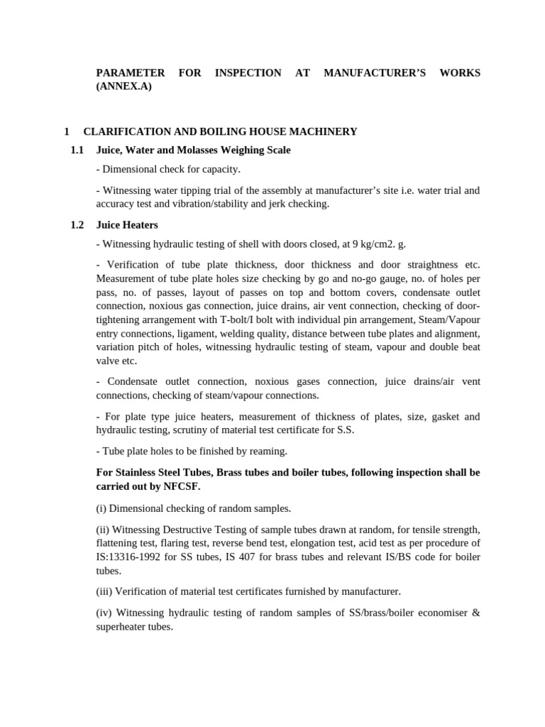 Inspection Parameters for Juice Machinery | PDF | Boiler | Pump
