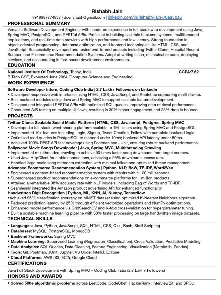 Full-Stack Developer Resume Summary | PDF | Postgre Sql | Machine Learning