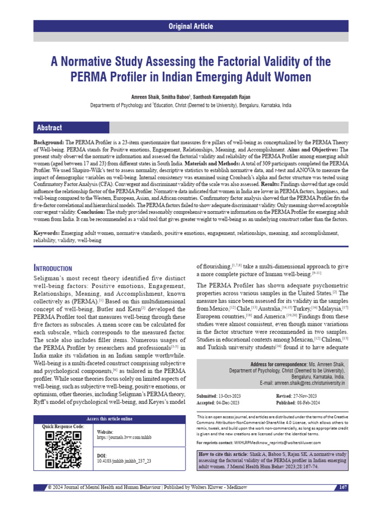 Validating PERMA Profiler in Indian Women | PDF | Cronbach's Alpha ...
